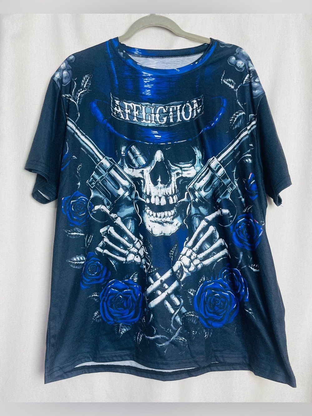 Affliction T-Shirt Skull Crossbone Black Purple Men 3XL Graphic Tee Double Sided